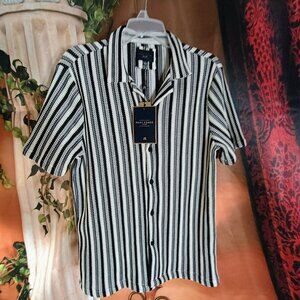 NWT Marc Asher Sze Large Black & Cream Textured Stripe Knit Camp Collar Shirt